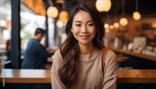 Portrait of a young woman with long dark hair, wearing a brown outfit, sitting in a cozy cafe with warm lighting and blurred background.