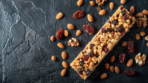 Homemade granola bars with nuts and dried fruit on a dark textured table, flat lay photo