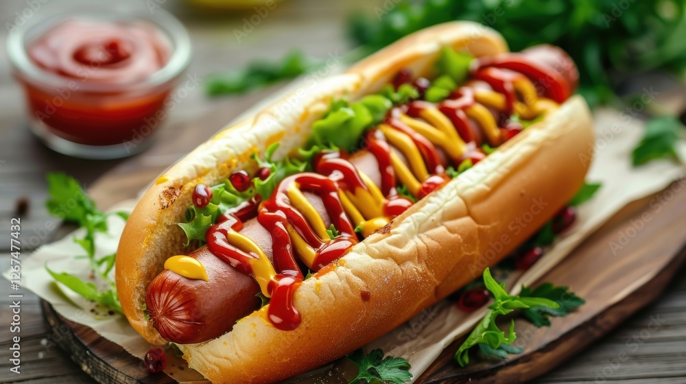 Hot dog with mustard and ketchup on a wooden table, white background Hot dog with mustard and ketchup on a wooden table, white background