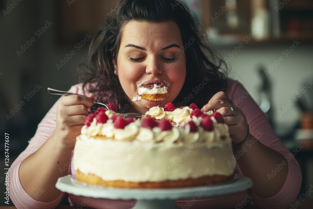 Woman Enjoying Delicious Raspberry Cake Woman Enjoying Delicious Raspberry Cake