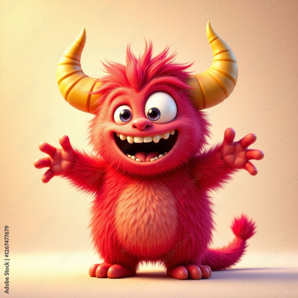 Furry Red Monster with Yellow Horns and Big Smile Furry Red Monster with Yellow Horns and Big Smile