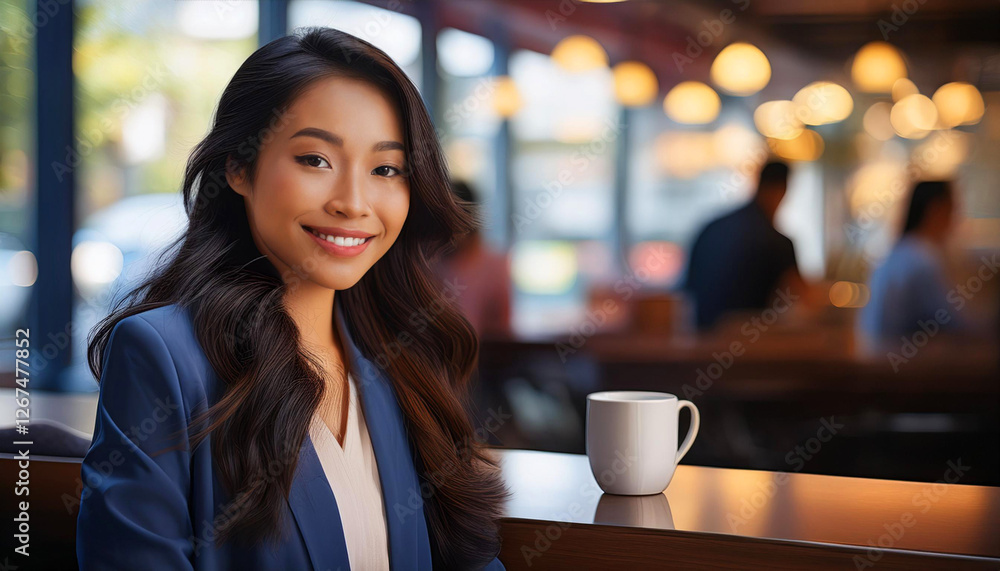 Portrait of a young woman with long dark hair, wearing a brown outfit, sitting in a cozy cafe with warm lighting and blurred background. Portrait of a young woman with long dark hair, wearing a brown outfit, sitting in a cozy cafe with warm lighting and blurred background.