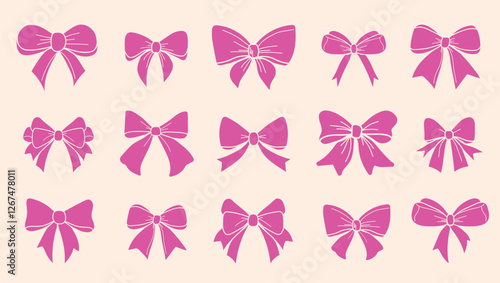 Vector illustration of a pink girlish
bow. A bow for hair decoration. The tapes are insulated. Fashion accessories for girls. Cute collection of hairstyle elements. Collection of bows