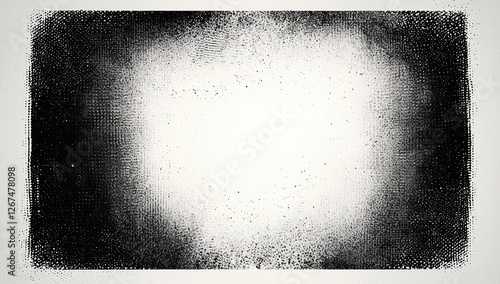Black-and-white halftone texture with a subtle grey-to-white gradient at the center, creating a grainy, vintage design framed by a bold black frame and a blank center for customization.