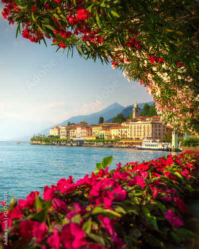 Bellagio village, trees and flowers in Lake Como. Italy, Europe.