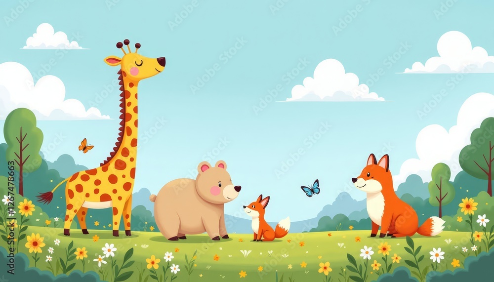 Giraffe, bear, and foxes in a cartoon meadow scene Giraffe, bear, and foxes in a cartoon meadow scene