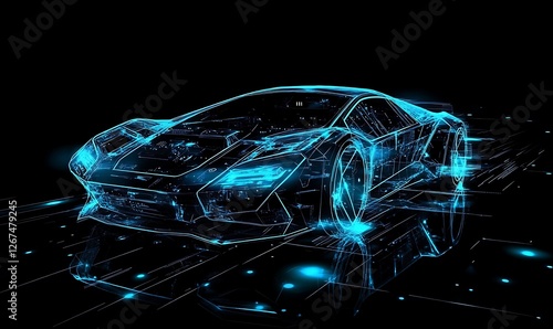 A futuristic, glowing car design with digital elements and a sleek, high-tech appearance. Autonomous Self Driving Vehicle

 photo