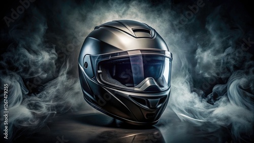Abstract art: a black helmet's double exposure, a darkly enigmatic motorcycle vision.