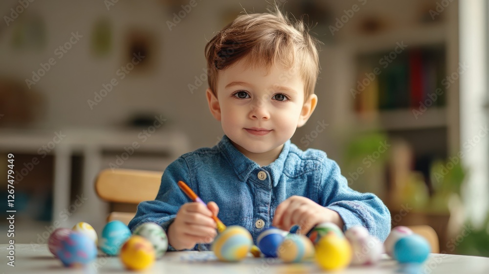 Fototapeta premium Cute little boy painting Easter eggs. Happy child with Easter eggs