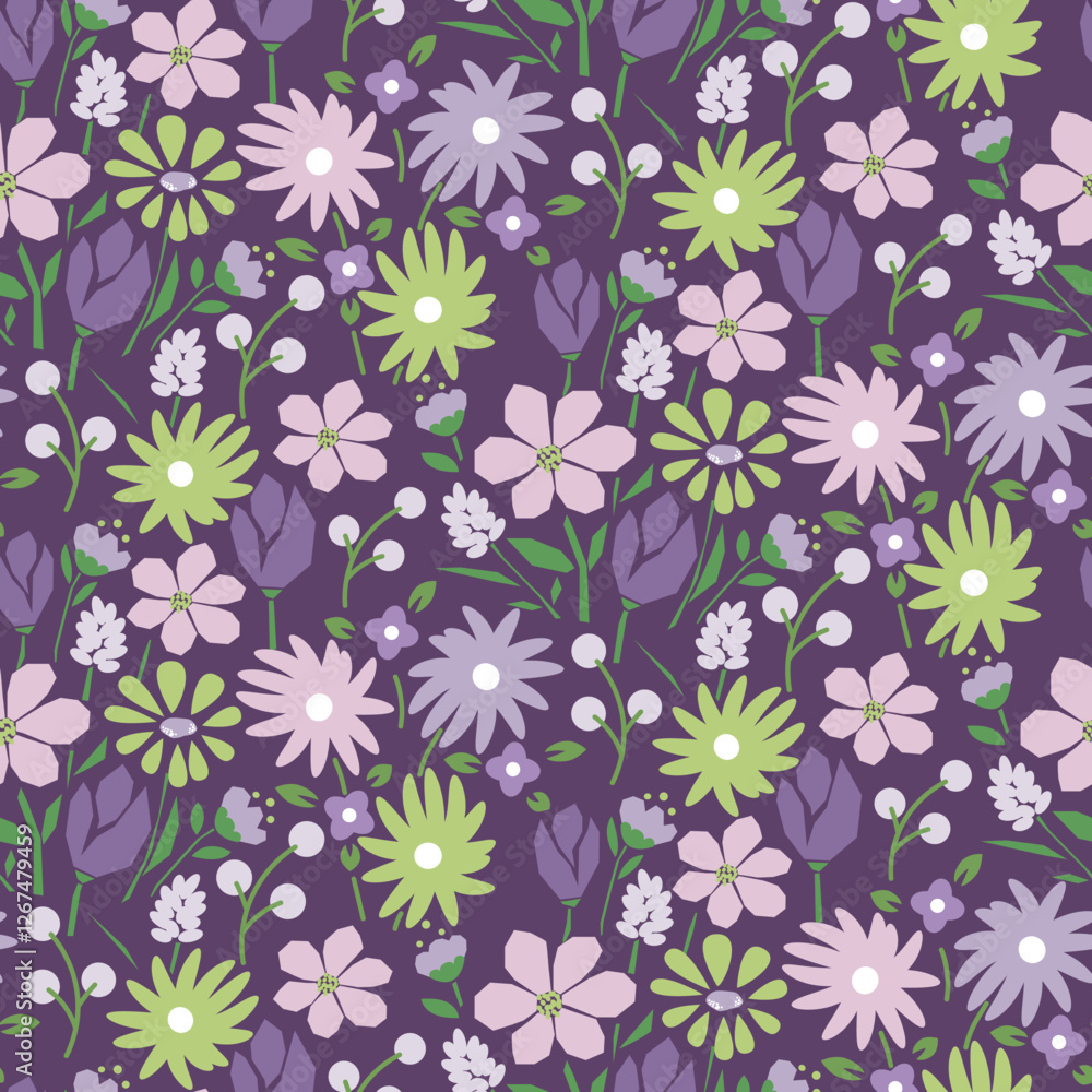 Beautiful spring seamless floral pattern with bright purple green summer flowers. Ditsy botanical repeat background. Beautiful spring seamless floral pattern with bright purple green summer flowers. Ditsy botanical repeat background.