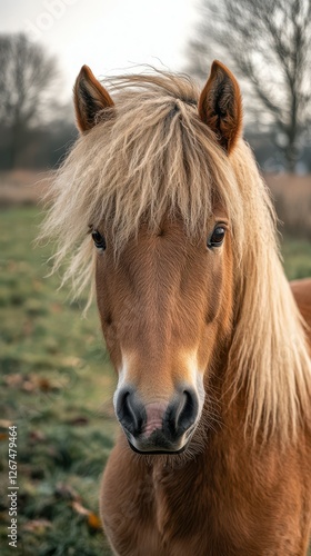 Close-up of a beautiful horse with long mane in a tranquil pasture during early morning light photo