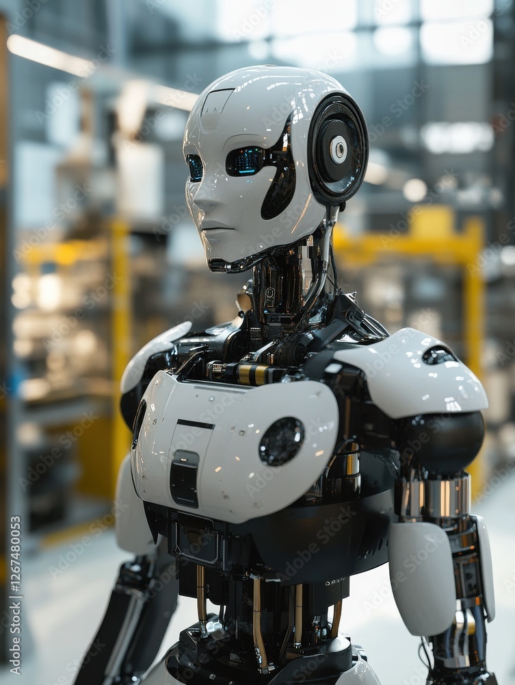 Fototapeta premium A humanoid robot working in an advanced factory setting, highlighting automation and the future of manufacturing.