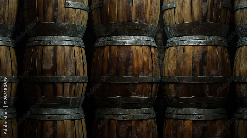An aesthetically pleasing arrangement of wooden barrels stacked tightly in a dimly lit warehouse, evoking nostalgia and traditions in craftsmanship. An aesthetically pleasing arrangement of wooden barrels stacked tightly in a dimly lit warehouse, evoking nostalgia and traditions in craftsmanship.
