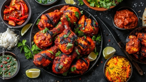 Indian banquet with chicken tikka masala curry, tandoori chicken, and various appetizers on dark concrete background