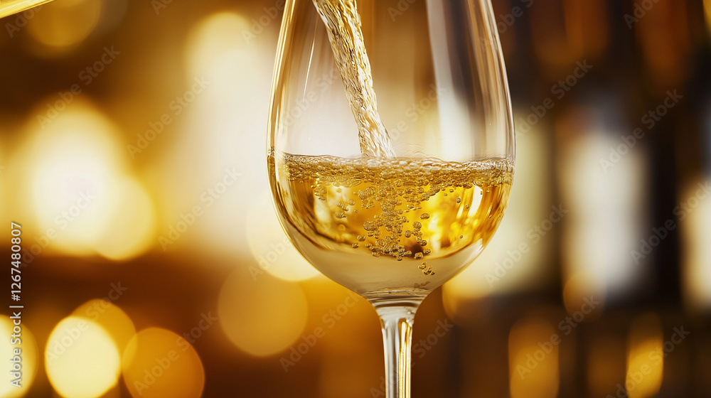 Obraz premium An elegant glass filled with sparkling white wine, the bubbles rising beautifully and highlighting its vibrant color, ideal for celebrations and intimate moments.