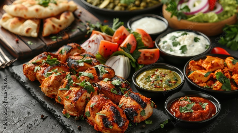 Indian banquet with chicken tikka masala curry, tandoori chicken, and various appetizers on dark concrete background Indian banquet with chicken tikka masala curry, tandoori chicken, and various appetizers on dark concrete background