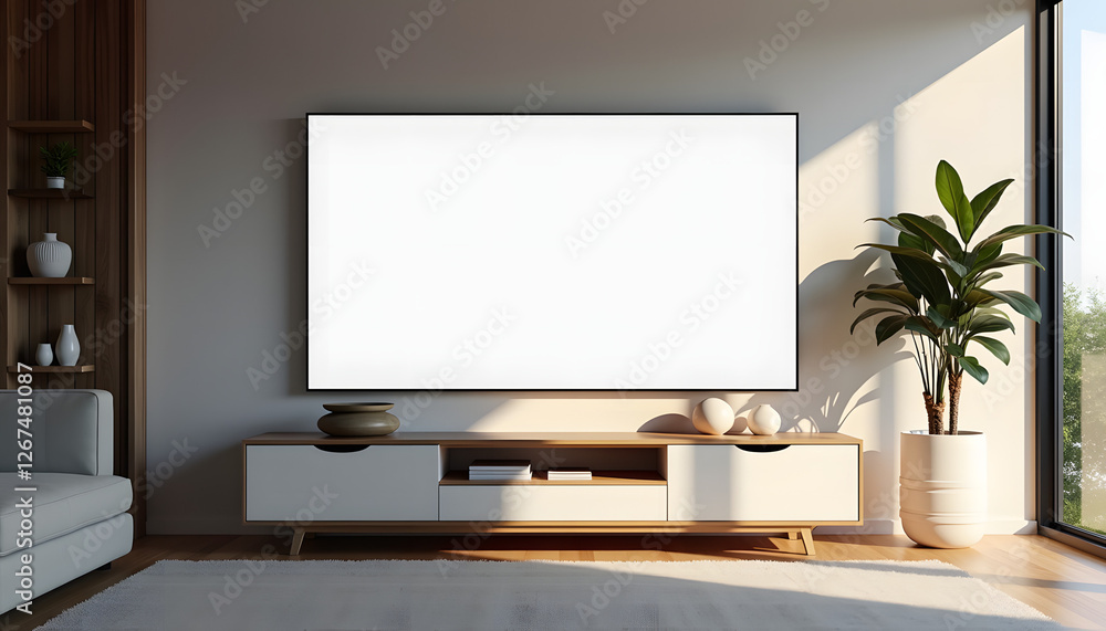 Fototapeta premium Blank TV screen mounted on a wooden cabinet in a modern living room