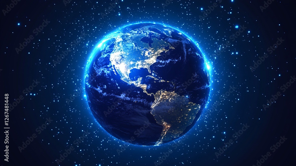 Obraz premium Stunning Blue Planet Earth Night View Glowing Space Background Digital Art Realistic World Illustration Global Imagery Satellite Image Planet Earth 