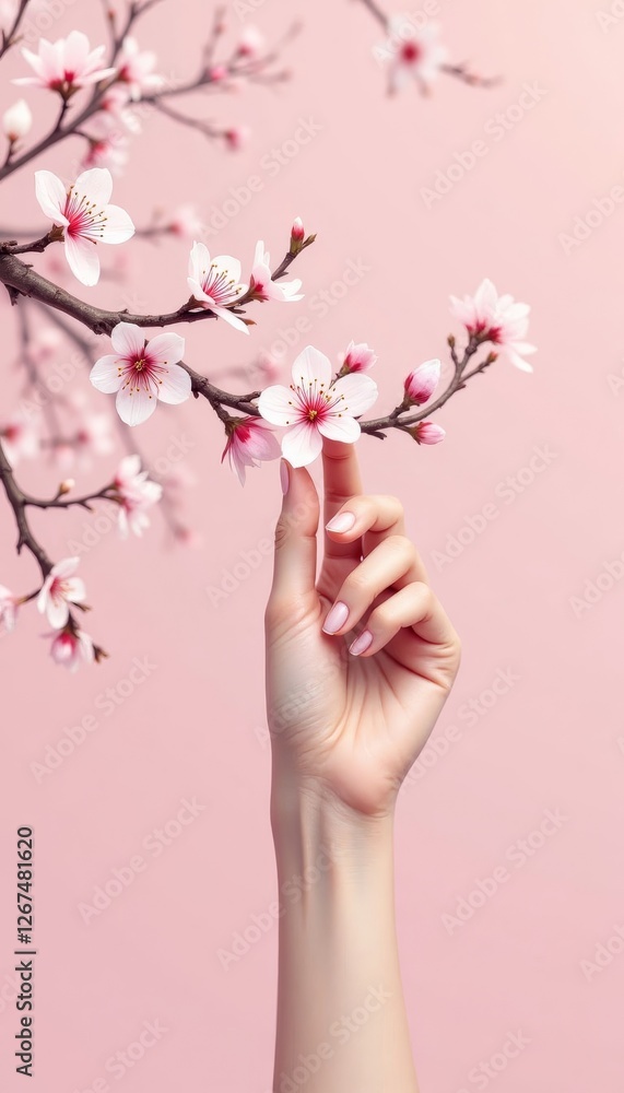 Fototapeta premium Hand Touching Delicate Pink Cherry Blossom on Branch