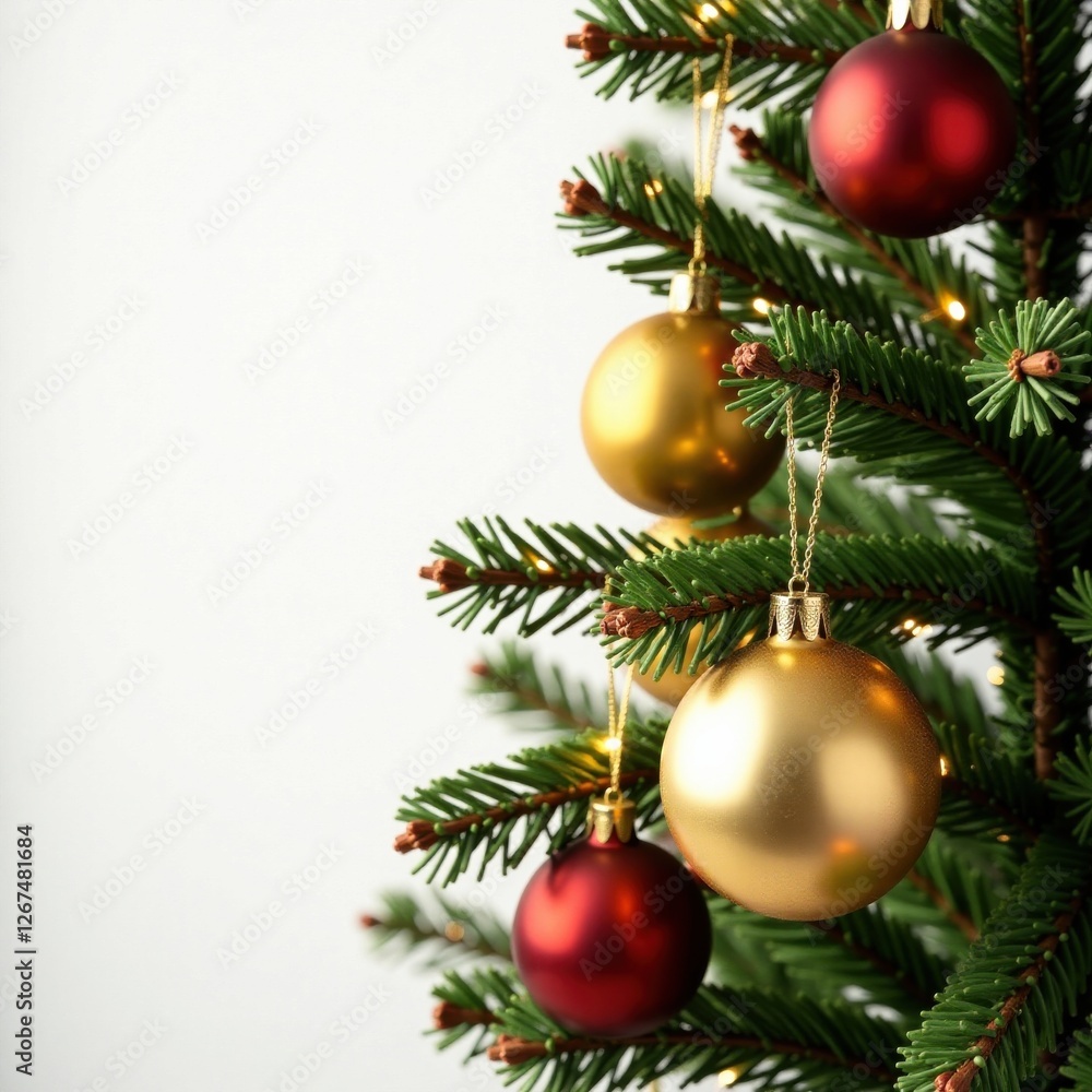 Sparkling Christmas tree branches with ornaments hanging gold isolated on white background, winter, sparkling, ornaments Sparkling Christmas tree branches with ornaments hanging gold isolated on white background, winter, sparkling, ornaments