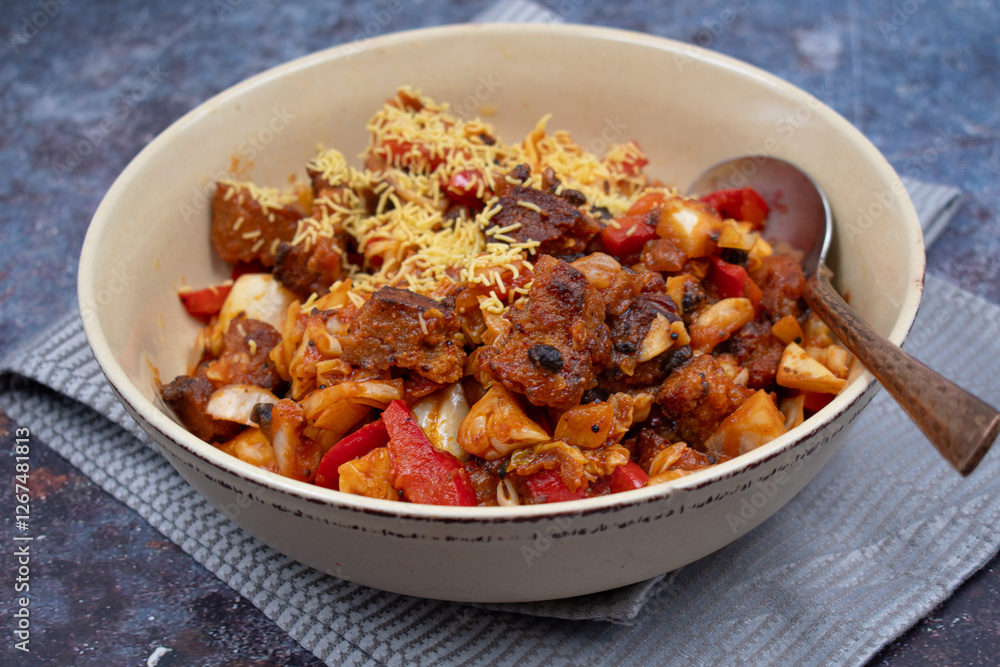 Fried seitan with cabbage and pepper in light bowl on textured table, Fried seitan with cabbage and pepper in light bowl on textured table,