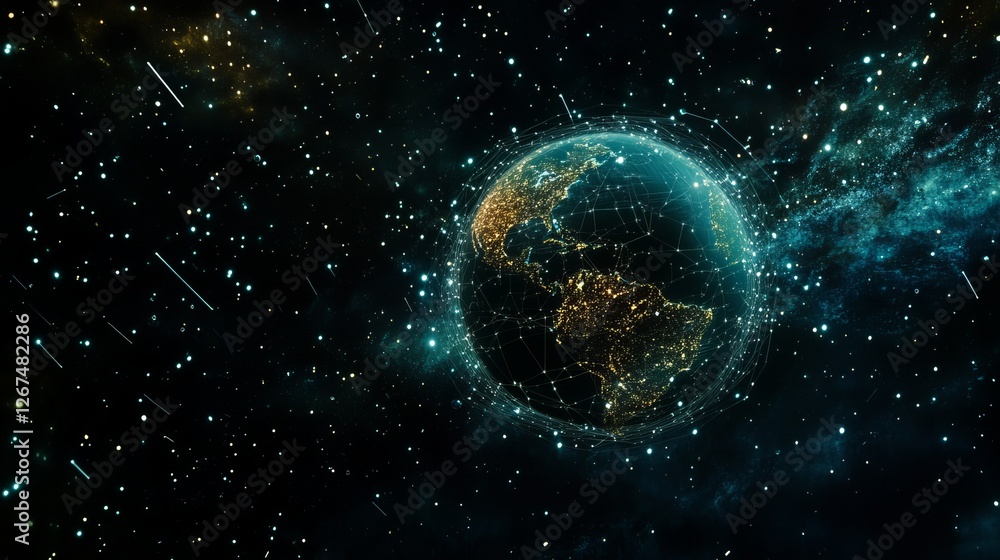 Obraz premium Global Network Connections Futuristic Earth Digital Art Illustration Abstract Space Background Modern Technology World Map Night Lights Digital 