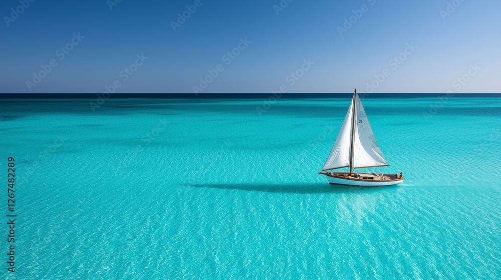 Obraz premium A serene sailboat glides over the shimmering turquoise waters, reflecting a clear blue sky, creating a tranquil and picturesque ocean scene.