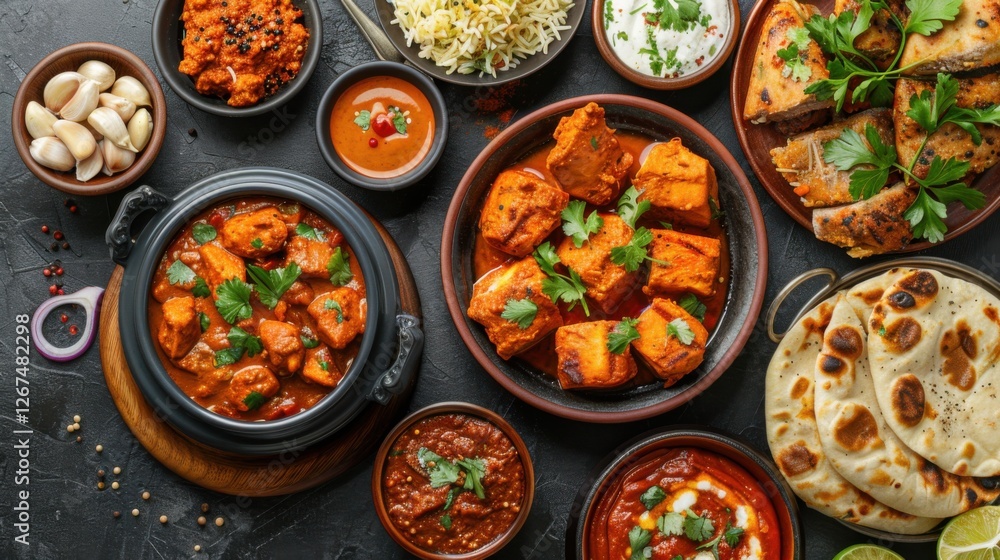 Indian banquet with chicken tikka masala curry, tandoori chicken, and various appetizers on dark concrete background Indian banquet with chicken tikka masala curry, tandoori chicken, and various appetizers on dark concrete background