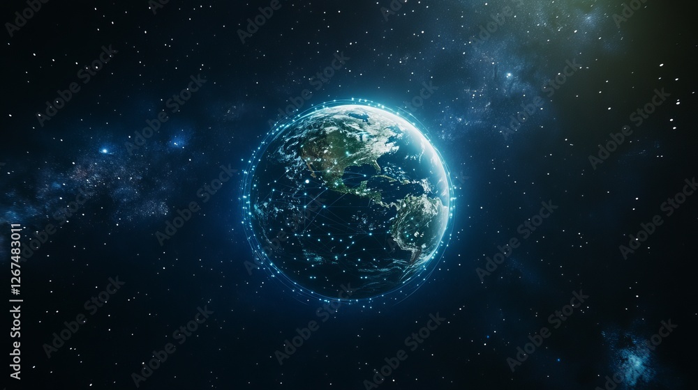 Obraz premium Global Network Connection Earth Planet Digital Art Futuristic Technology Space Background Modern Illustration Blue Green Hues Abstract Design World 