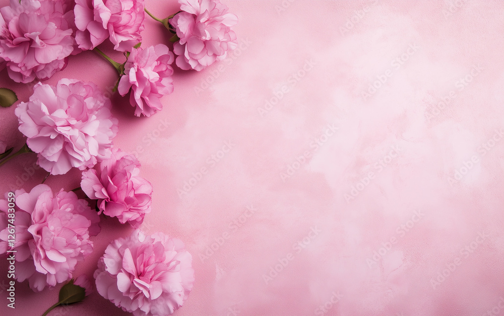 Beautiful carnation flowers arranged on a pastel pink textured background Beautiful carnation flowers arranged on a pastel pink textured background