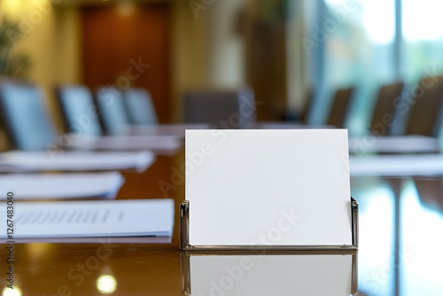 Panoramic shot of a blank business card holder on a polished conference table.