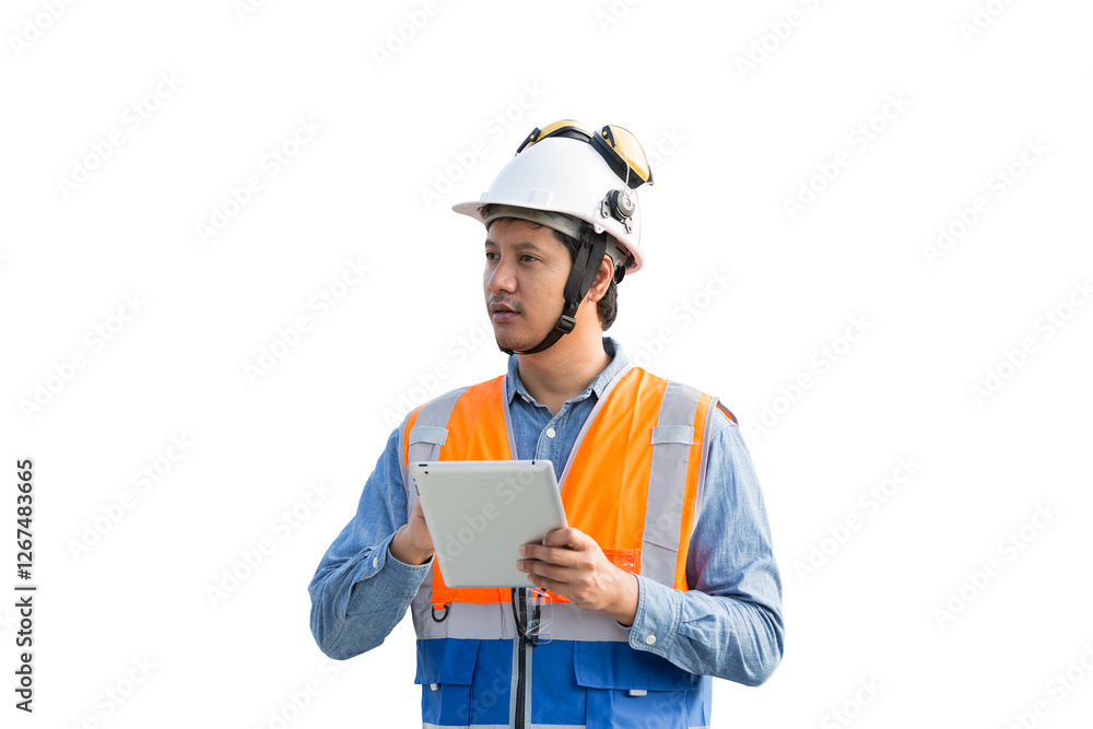 Portrait of Asian male engineer wear uniform and helmet on transparent background Portrait of Asian male engineer wear uniform and helmet on transparent background