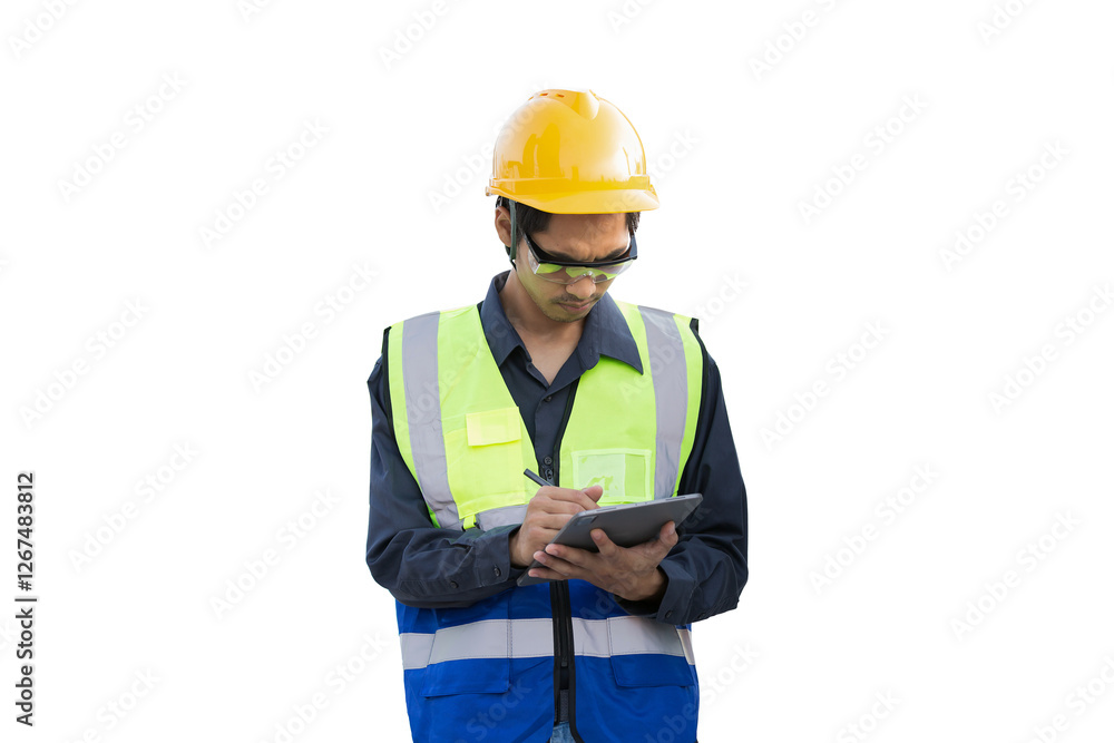 Portrait of Asian male engineer wear uniform and helmet on transparent background Portrait of Asian male engineer wear uniform and helmet on transparent background