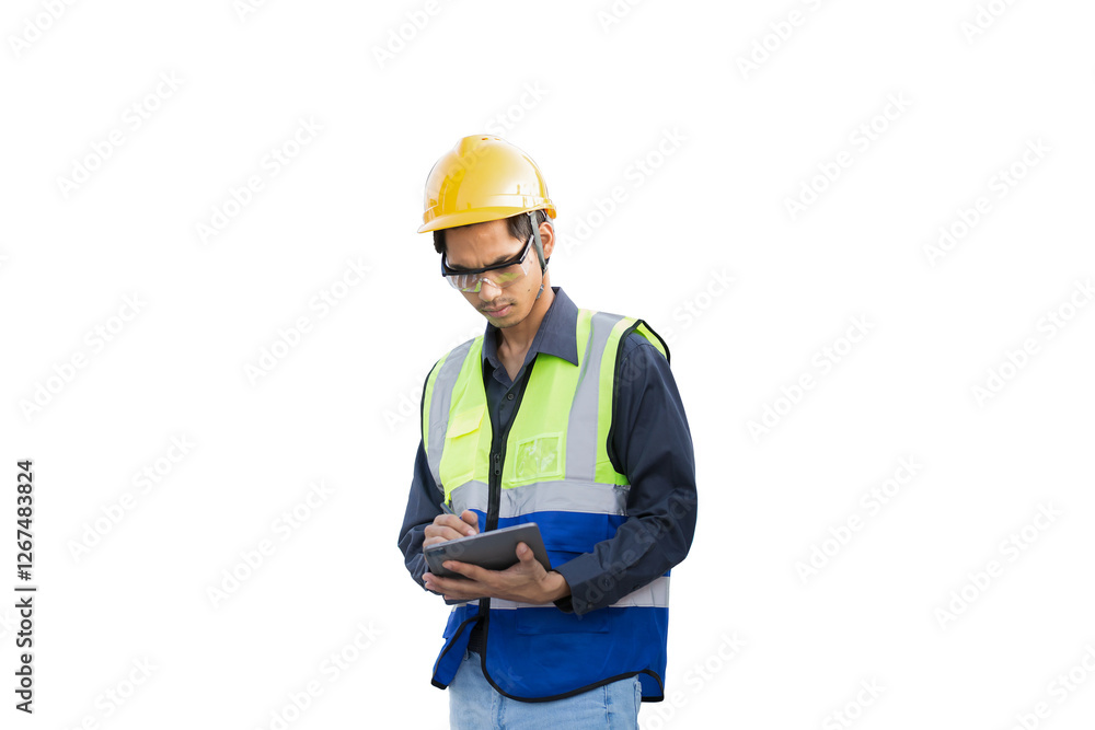 Portrait of Asian male engineer wear uniform and helmet on transparent background Portrait of Asian male engineer wear uniform and helmet on transparent background
