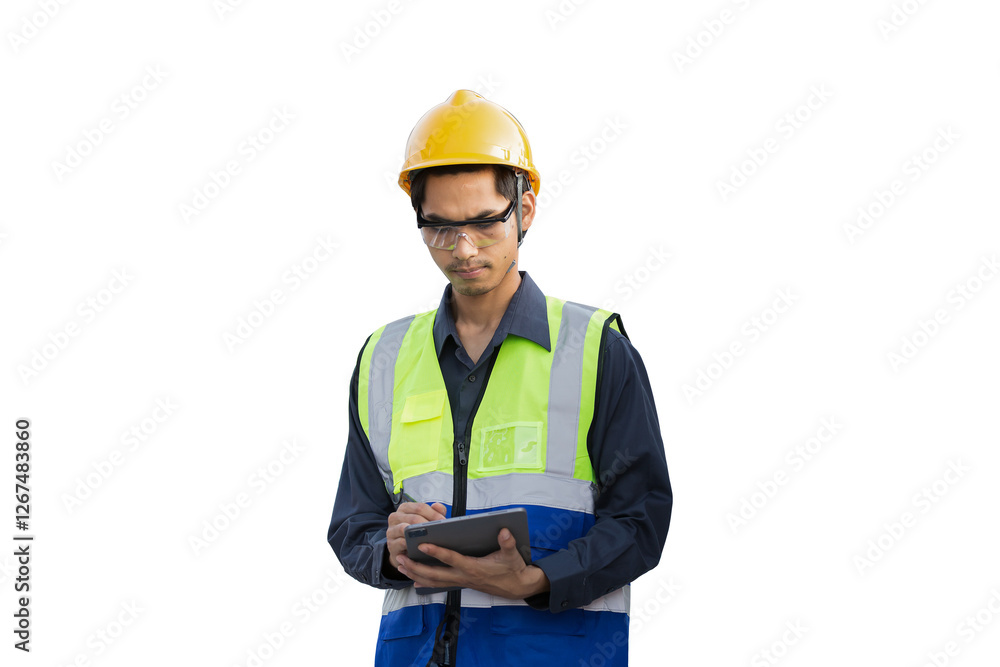 Portrait of Asian male engineer wear uniform and helmet on transparent background Portrait of Asian male engineer wear uniform and helmet on transparent background