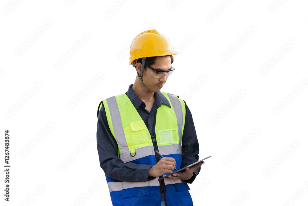Portrait of Asian male engineer wear uniform and helmet on transparent background Portrait of Asian male engineer wear uniform and helmet on transparent background
