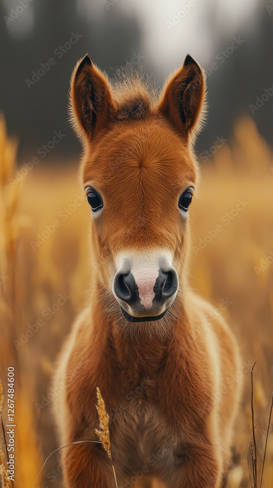Young foal stands among tall grass in a tranquil field under soft clouds Young foal stands among tall grass in a tranquil field under soft clouds