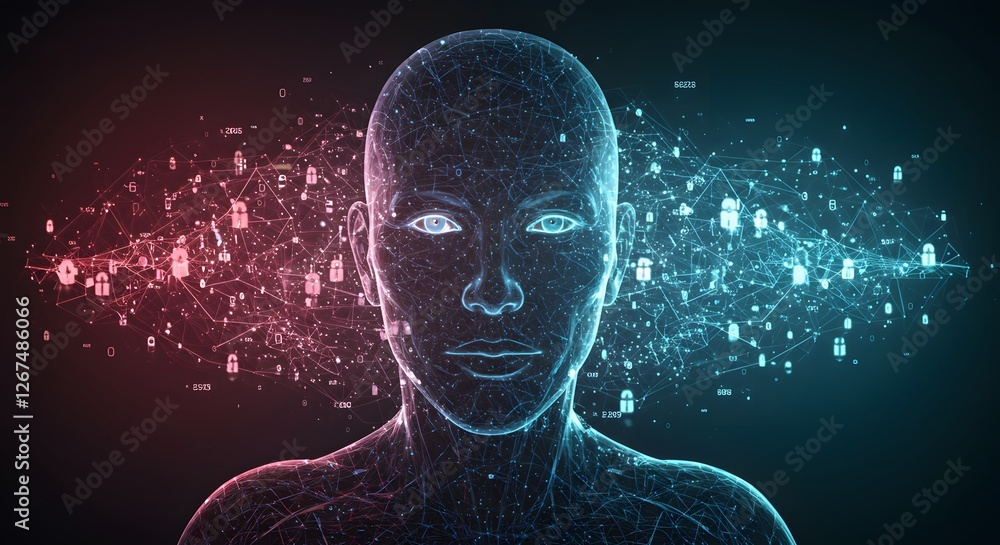 Abstract digital human face network security data concept ai web flow mesh grid lines nodes cyber Abstract digital human face network security data concept ai web flow mesh grid lines nodes cyber