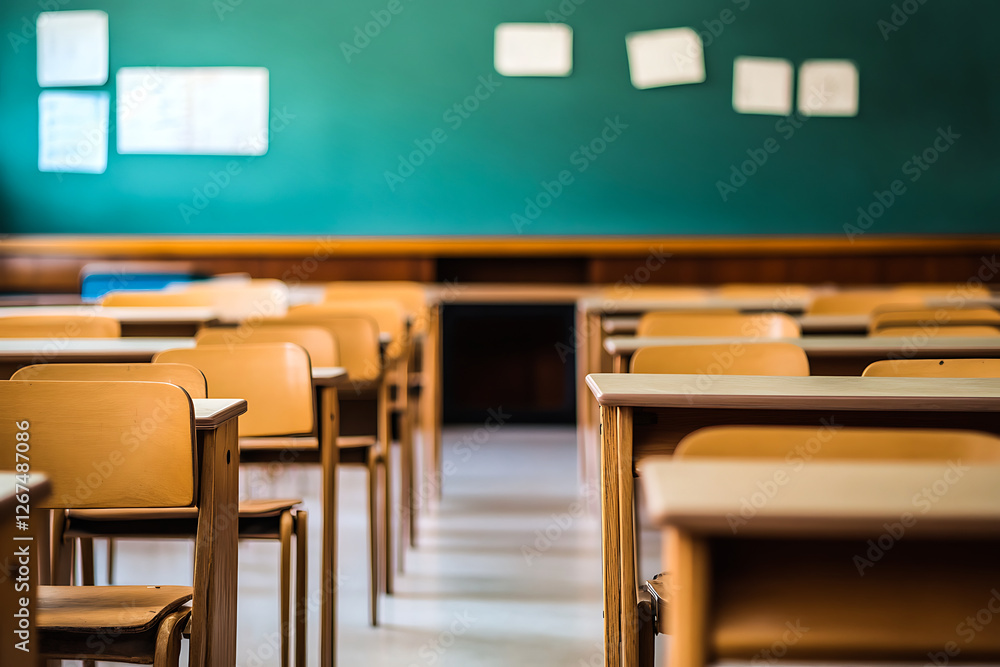 Empty Classroom with Blurred Background – Student Desk Arrangement Empty Classroom with Blurred Background – Student Desk Arrangement