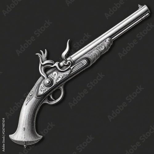 Ornate silver flintlock pistol on dark background photo