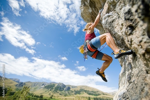 Challenging rock face conquered by a determined climber gripping an overhang under a vast blue sky. Generative AI
