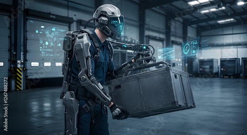 Futuristic worker in exoskeleton lifting heavy box in warehouse man gray blue dark suit robot cargo