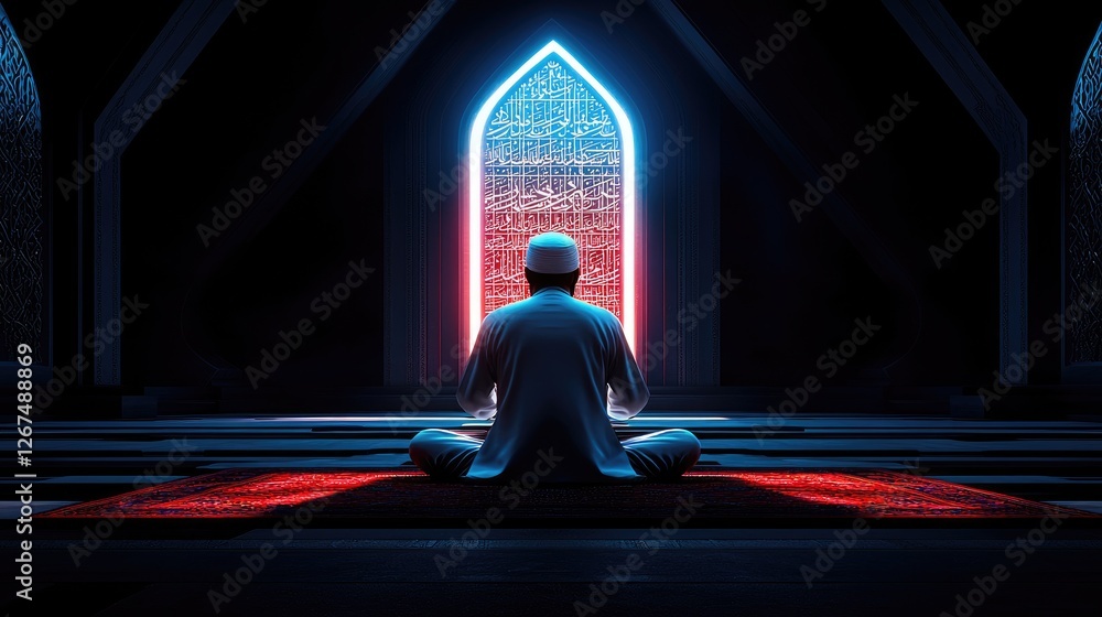 Fototapeta premium A man in traditional clothing meditates before a glowing arched doorway in a dimly lit mosque.