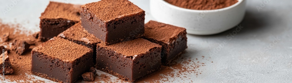 Rich Chocolate Brownies Dusting with Cocoa Powder on a Gray Background for Dessert and Baking Themes Rich Chocolate Brownies Dusting with Cocoa Powder on a Gray Background for Dessert and Baking Themes