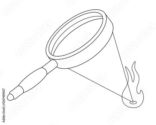 Kindling fire with a magnifying glass - vector linear illustration for coloring. A magnifying glass and a beam focused by it - pictogram or logo. Lens, beam and flame. Outline.	