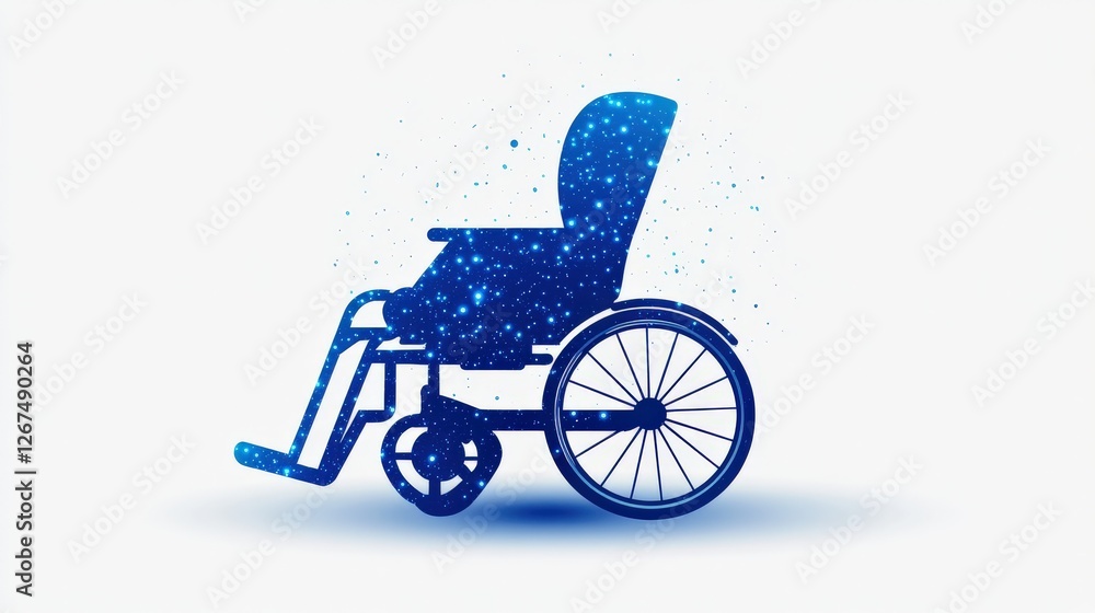 Fototapeta premium Blue wheelchair silhouette with sparkling effects on a white background, symbolizing mobility