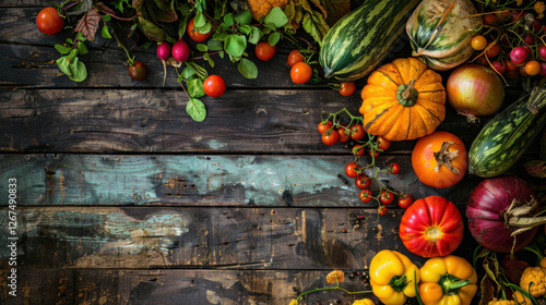 vibrant display of assorted vegetables and pumpkins on rustic wooden table, showcasing beauty of autumn harvest. colors and textures evoke warm, inviting atmosphere