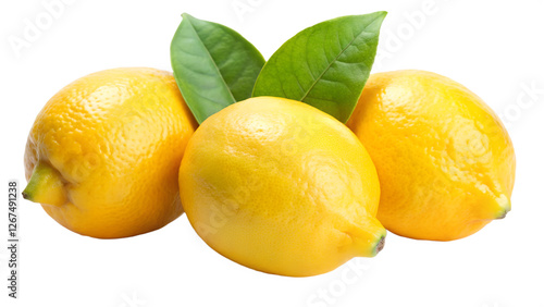 three yellow lemons with leaves isolated on transparent background png