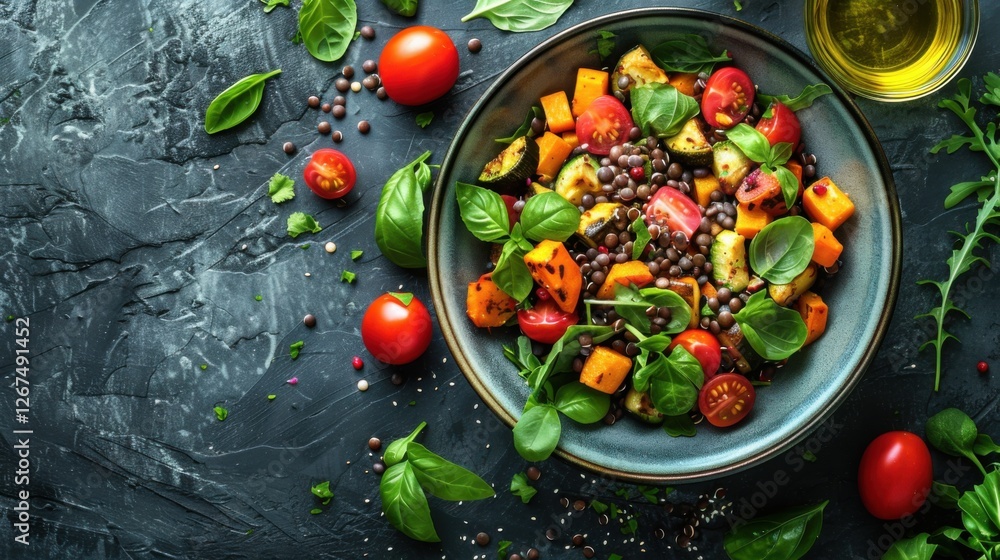 Lentil salad with roasted vegetables on a dark textured table, flat lay Lentil salad with roasted vegetables on a dark textured table, flat lay