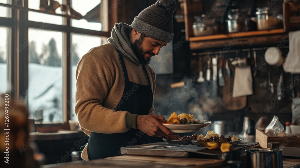 A man in a warm hat focuses on plating a vibrant meal in a charming, rustic kitchen filled with natural light. The cozy atmosphere invites warmth and culinary creativity as he serves up comfort food A man in a warm hat focuses on plating a vibrant meal in a charming, rustic kitchen filled with natural light. The cozy atmosphere invites warmth and culinary creativity as he serves up comfort food